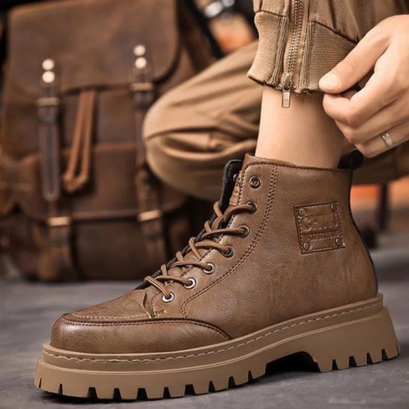 Men's Motorcycle Boots Fashion High-top Casual Boot British Style Leather Short Boots for Men Lace-Up Platform Boot