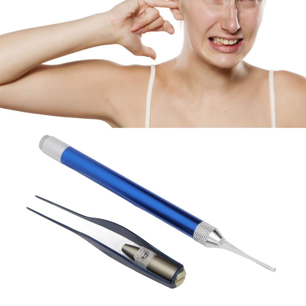 LED Light Earpick Tweezers Stainless Steel Ear Wax Removal Ear Spoon Set with Storage Box Blue