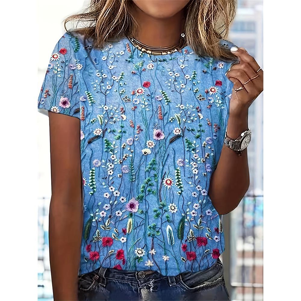 

Plus Size Womens 2025 Daily Deals Trendy Casual Loose Floral Print Round Neck T-Shirt S