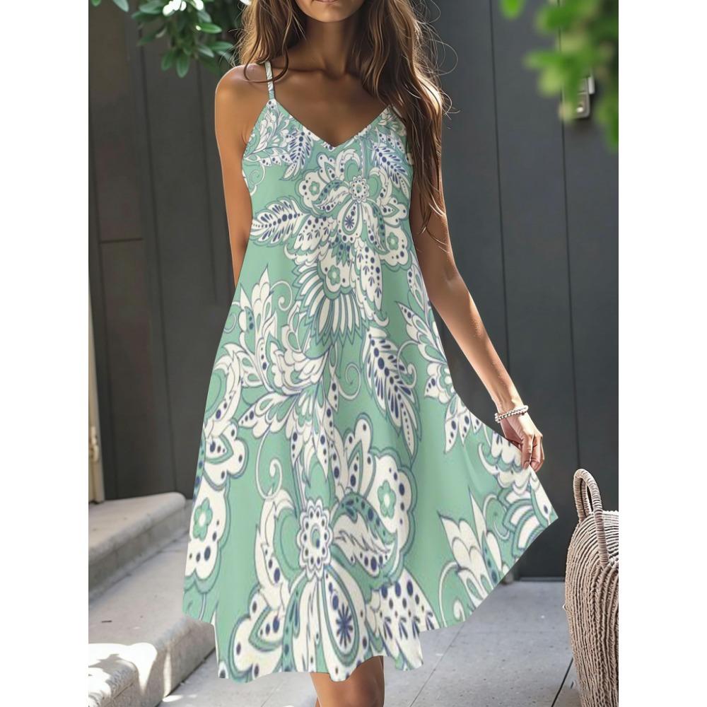 Women's Casual Bohemian Style, Summer Deep V-Neck Spaghetti Strap Midi Dress