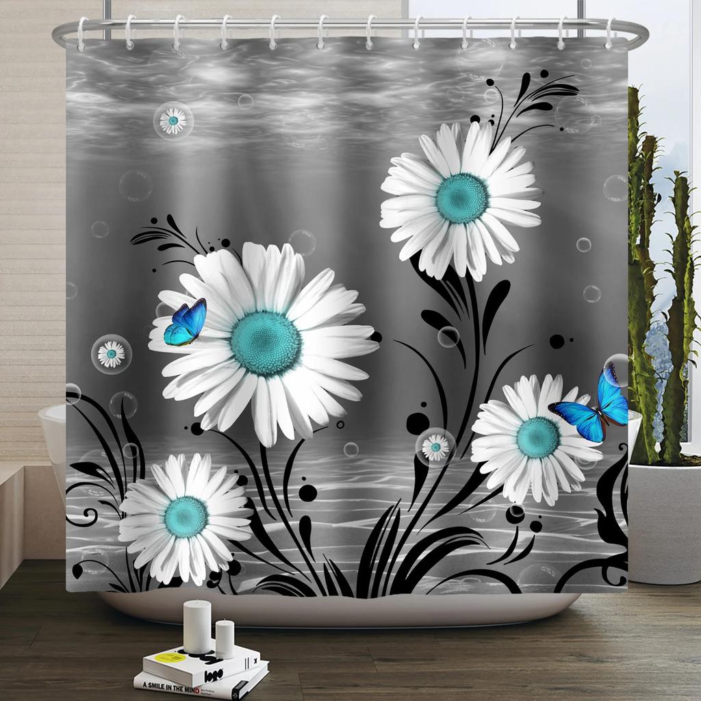 Rustic Sunflower Daisy Shower Curtain Butterfly Floral Vintage Country Farmhouse Flower Wooden Board Waterproof Bathroom Curtain