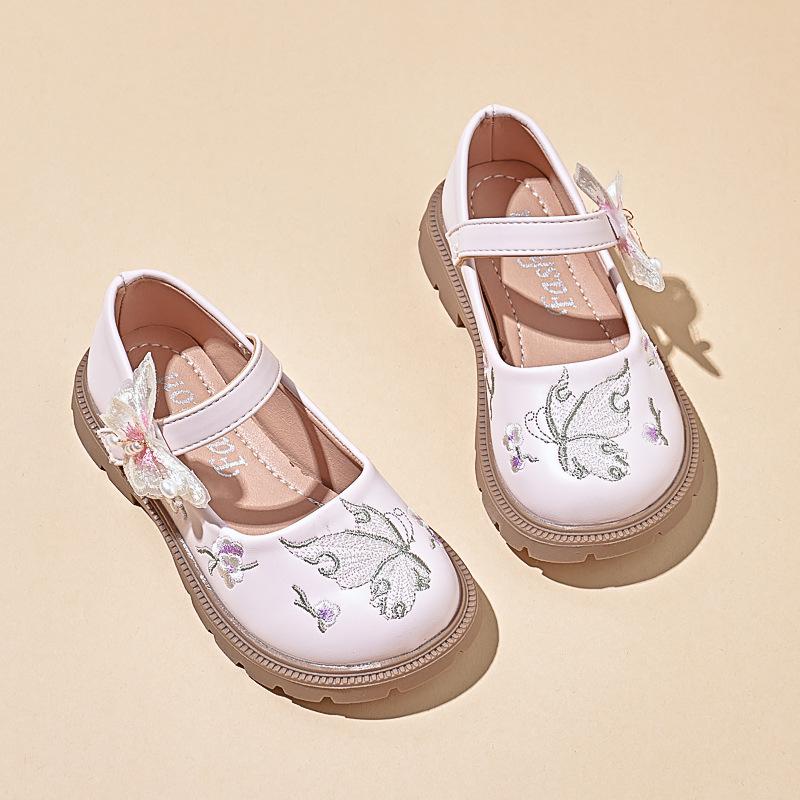 Bestickte Hanfu Leder-Ballerinas für Mädchen mit Klettverschluss für Herbst 2025 - Prinzessinnen-Stil für mittlere und große Kinder