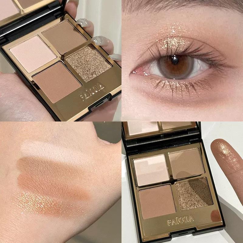 2026 Thai-Style Four-Color Eyeshadow Palette with Crushed Diamond Gray, Pink, Purple, Sparkling Pearlescent Matte Earth Tones for Daily Light Makeup