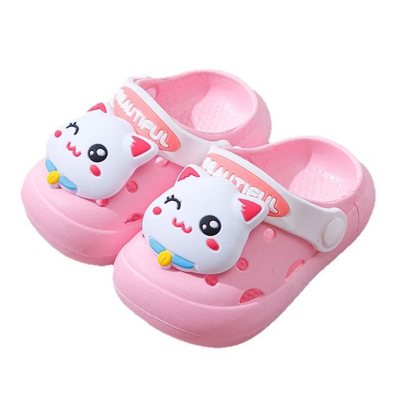 Non-slip soft-soled cute cartoon kitten children's slippers, summer closed-toe baby clogs, girls' outdoor sandals