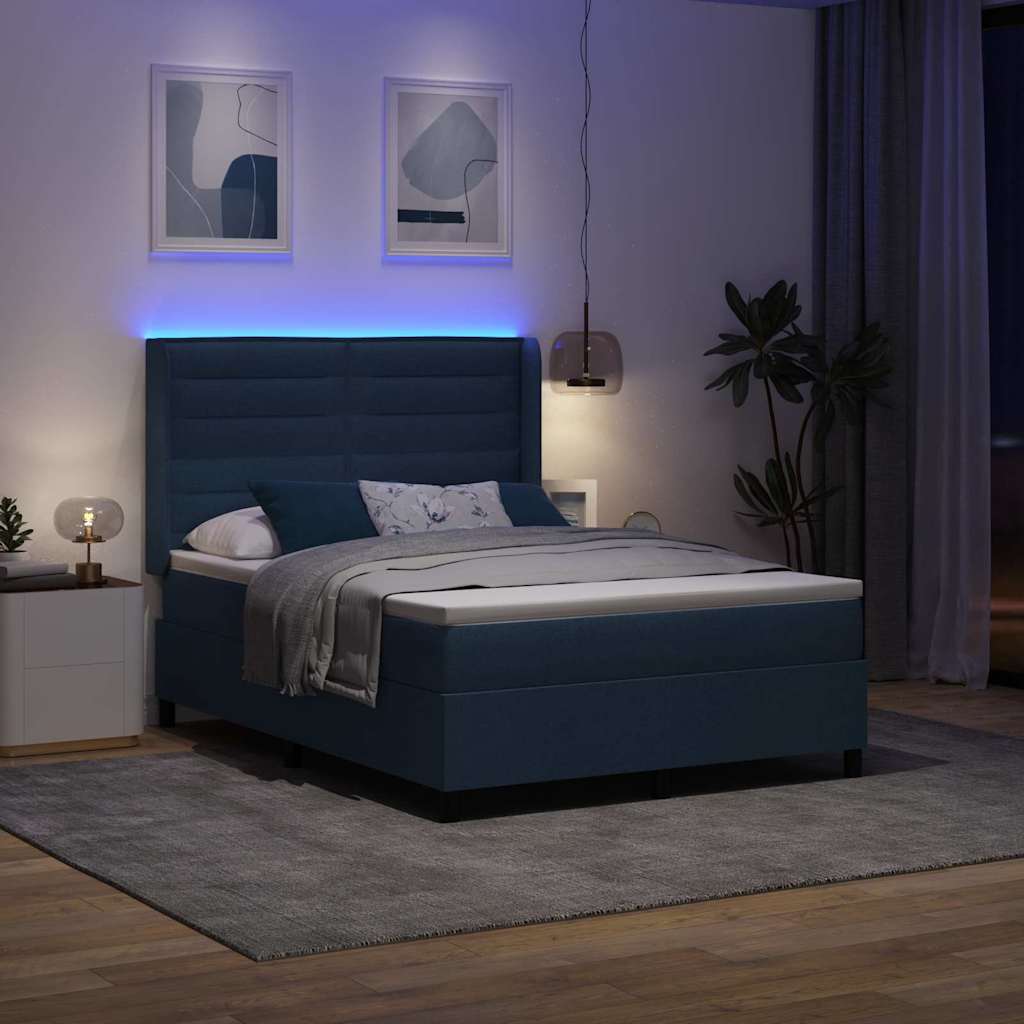 LED Box Spring Bed with Mattress Blue 140 x 200 cm Fabric
