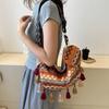Large Capacity Ethnic Style Canvas Bag 2026 Fringed Wide Shoulder Strap Single Shoulder Crossbody Commuter Crescent Bag