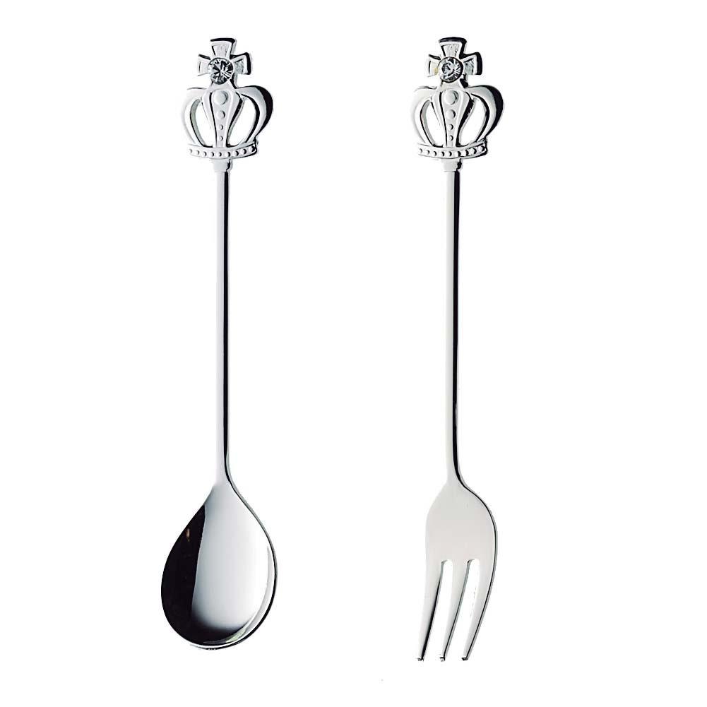 Nagao Royal Crown Coffee Spoon and Small Fork Made in Japan of Set, Silver, (Set 2)