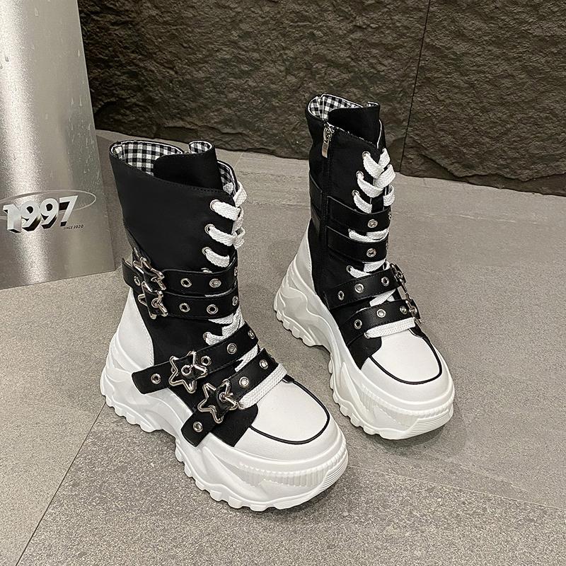 

Мода Ультравысокая Платформа Женские 2025 Новые Высокие Сапоги Круглый Носок Шнуровка Локомотив Длинные Сапоги до Бедра; 37