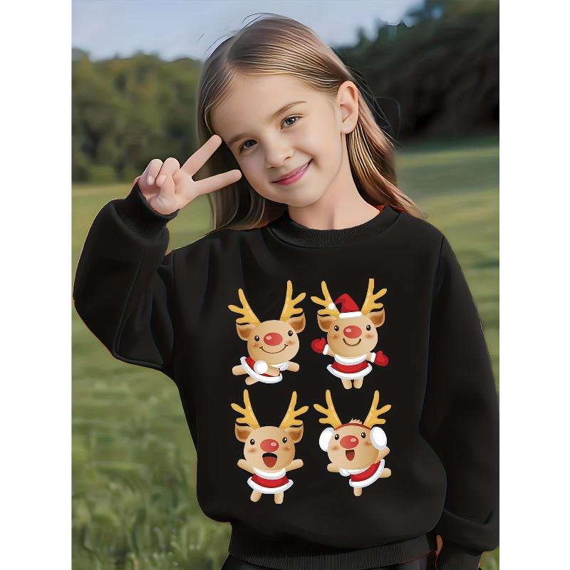 Kids Crewneck Long Sleeve Sweatshirt, Cute Four-Panel Cartoon Reindeer Disguise Print 110 чёрный