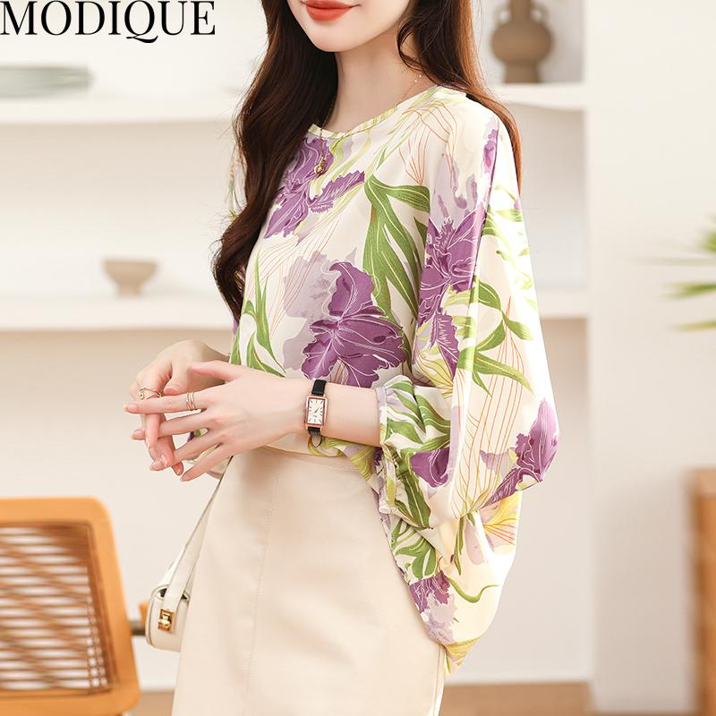 MODIQUE Spring Summer Plus Size Women Casual Loose Elegant Cotton Floral Print Puff Sleeve Blouse Shirts Lady Oversize O-Neck Long Sleeve Pullover