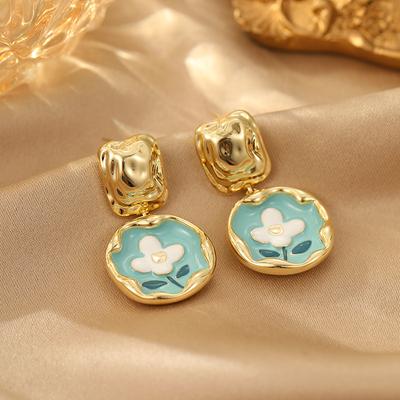 Premium Blue Daisy Enamel Earrings Flower Small Fresh Oil Painting Wind Earrings Dopamine Sweet Ear Jewelry