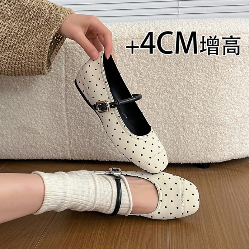 Vintage Internal Elevation Women Mary Jane Shoes Concise Shallow Square Toe Shoes Female Elegant Dot Buckle Strap Dress Shoes