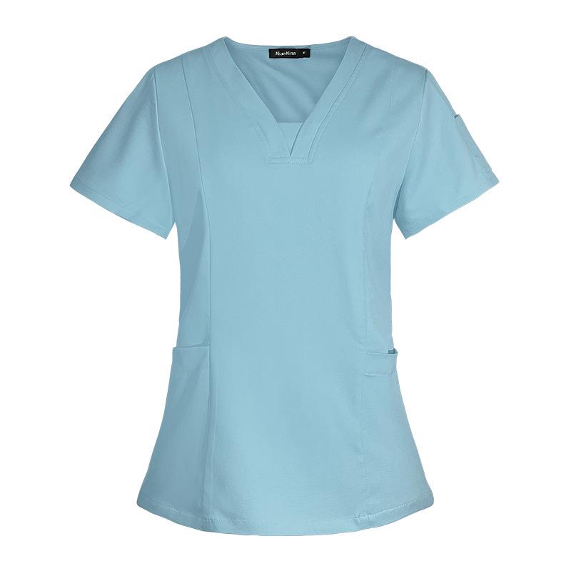 V-neck Women's Hospital Scrub Suit with Short Sleeves and Printed Design