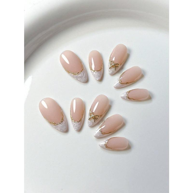 24 Uds. Puntas de Uñas Francesas Cortas Hechas a Mano Set de Manicura Uñas Postizas Adornadas con Línea Dorada y Circonita