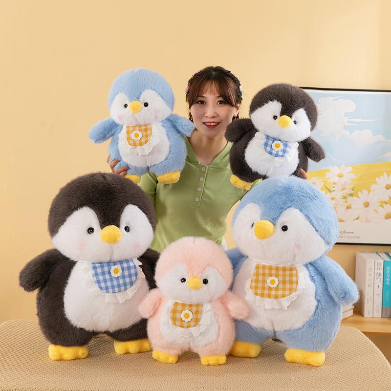 Lightweight Soft Penguin Stuffed Animal Fluffy Plush with Cute Checkered Bib for Kids Outdoor Travel Gift Decor