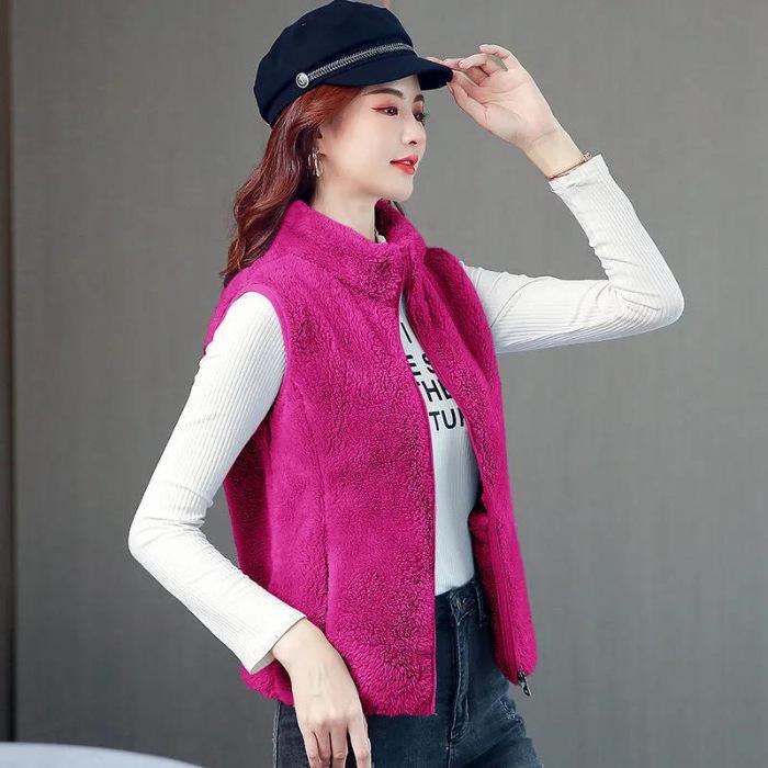 Women Autumn Winter Solid Color Plush Waistcoat Stand Collar Sleeveless Pockets Zipper Placket Thickened Fleece Vest Coat