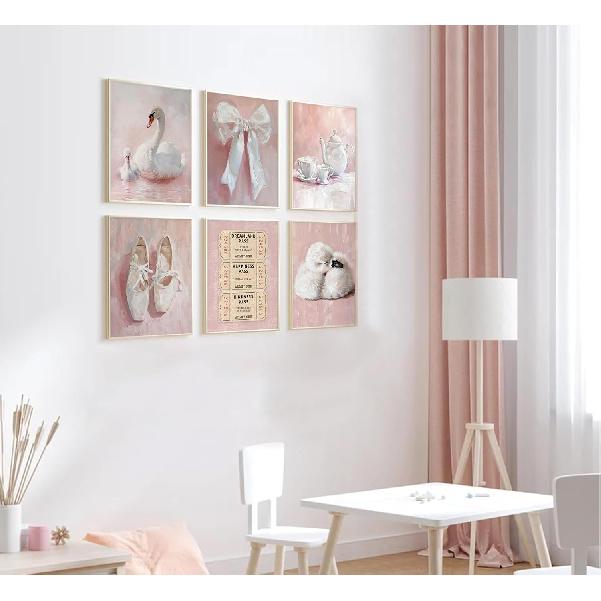 6Pcs Pink Vintage Swan Nursery Wall Art Ballerina Shoes and Bow Painting Picture Wall Decor Retro Tickets and Coffee Cups Preppy Posters Prints