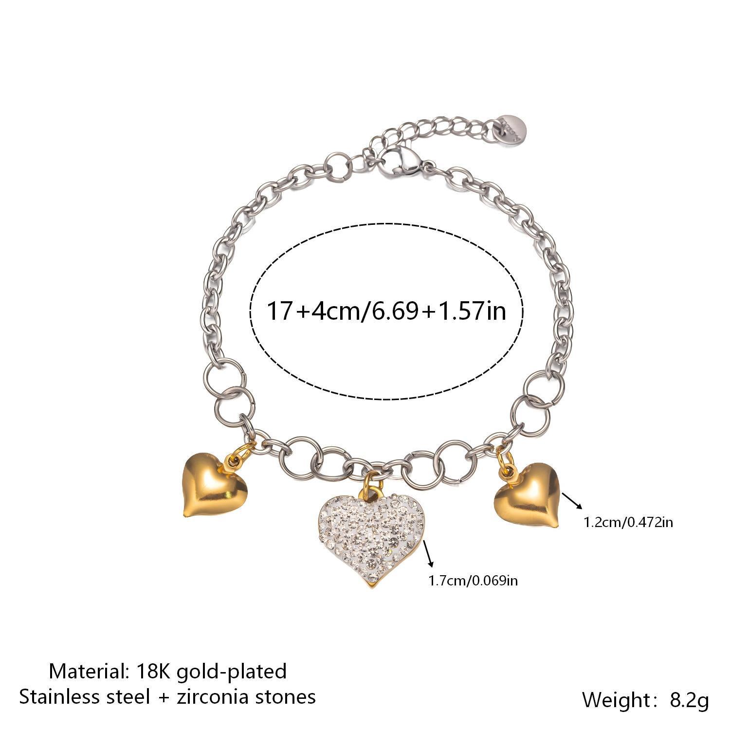 European Bestseller: 18K Gold-Plated Stainless Steel Heart Pendant Necklace & Bracelet Set with Zircon, Waterproof Jewelry. 18K
