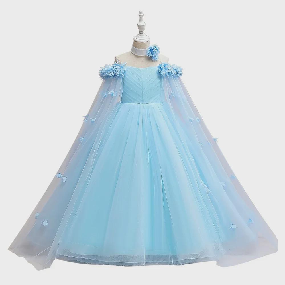 Off-Shoulder Princess Dress with Long Cape for European & American Girls - Fluffy Yarn Catwalk Costume