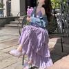 Women Sling Dress V-Neck Sleeveless Multi Layer Lace Splicing Design Maxi Dress Solid Color