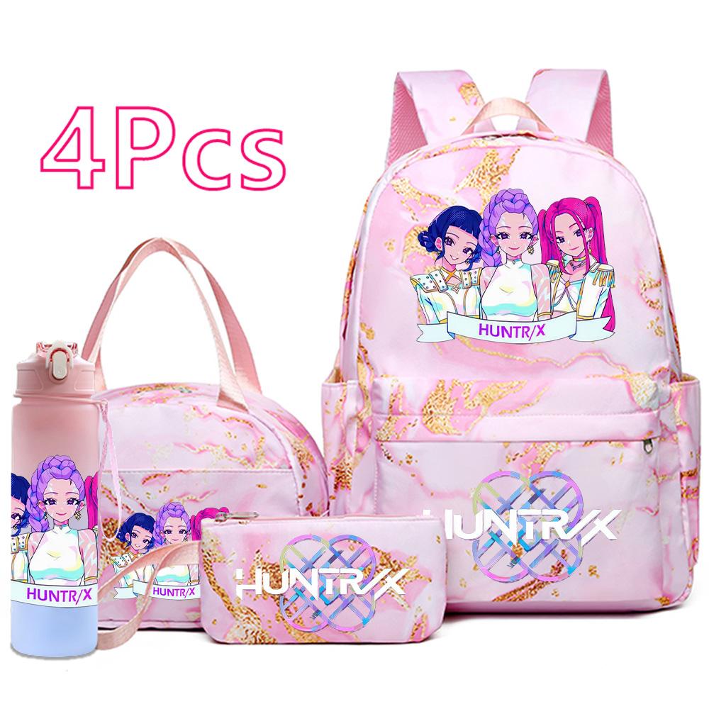 4Pcs/set Cartoon K-Pop Printed Backpack Handbag Pencil Case with 750Ml Water Bottler for Teenager Boy Girl Schoolbag Large Capacity Bookbag Mochila