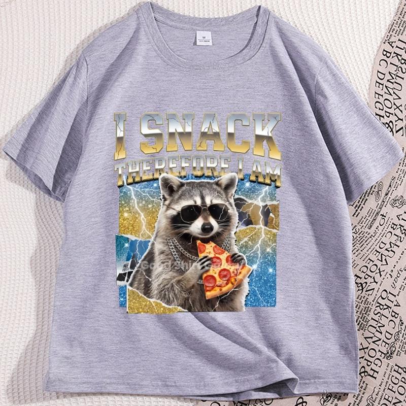 Raccoon Pizza TShirt I Snack Therefore I Am Graphic Tees Funny Animal Lover T Shirt Retro Cotton Short Sleeve Round Neck Tee