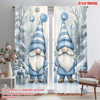 2 stuks, 2D vlakke print Gordijnen&Raambekleding Schattige Kabouters Kerst Sneeuw Winter Duurzame 100% Polyester Stof (zonder stang)