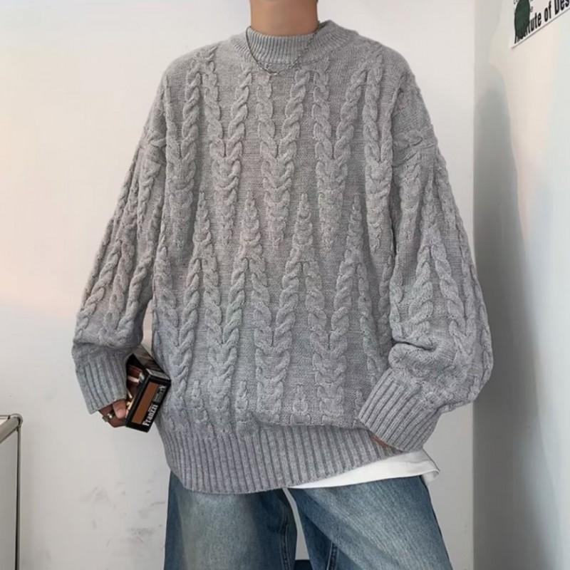 Oversized Knit Sweater Men Women Japanese Style Cable Pullover Loose Fit Round Neck Casual Cardigan