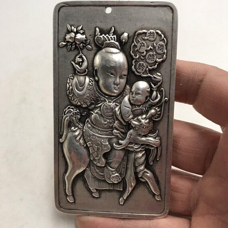 Old Chinese Tibet Silver Handcarved Double-Sided Boy Pendant Waist Tag