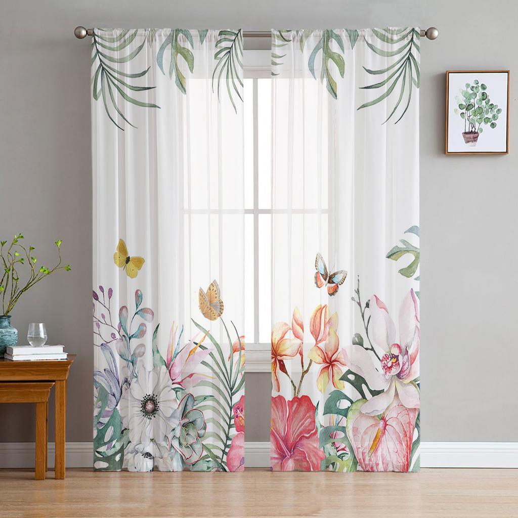 Ins Style Tropical Plants Parrot Sheer Curtains for Living Room Decoration Window Curtain Kitchen Tulle Voile Organza Drapes