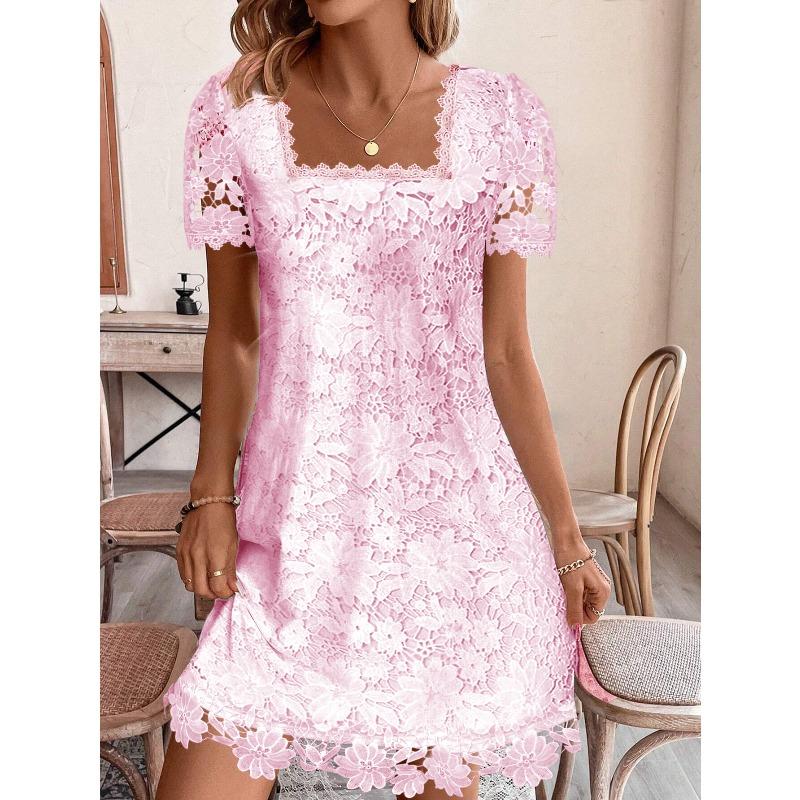 

Spring/Summer New Style Elegant Lace Short-Sleeved Square-Neck T-Shirt Dress for Women Set XXL рожевий