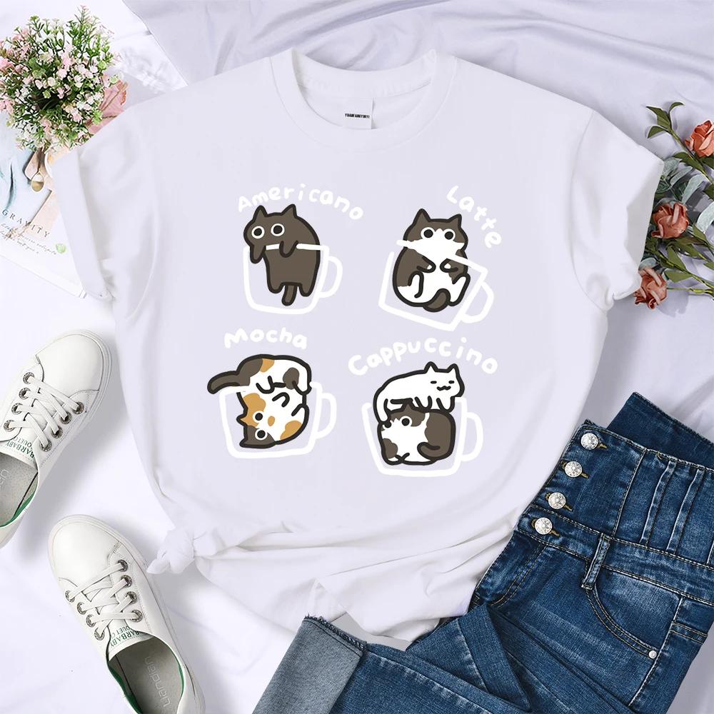 Summer Cat Coffee Art Letter 3D Printed T-Shirts Women Breathable O-Neck Tee Shirts Loose Short Sleeve Soft Street Casual Clothes Female