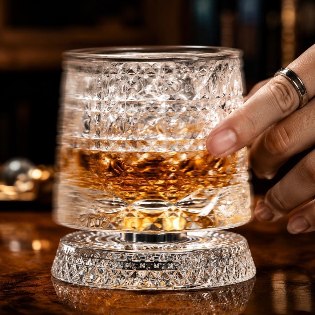9 Ounce Rotatable Whiskey Glass with Base 360 Degree Spinning Design Diamond Patterned Tumbler for Spirits Cocktails Water Juice Bar Home Use