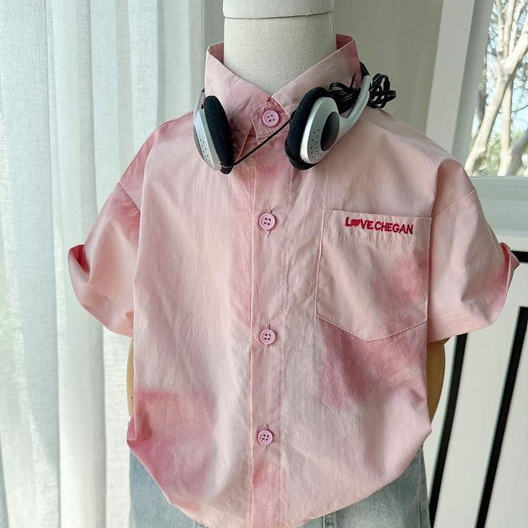 Boys Summer Retro Tie Dye Pink Short Sleeve Shirt Lightweight Breathable