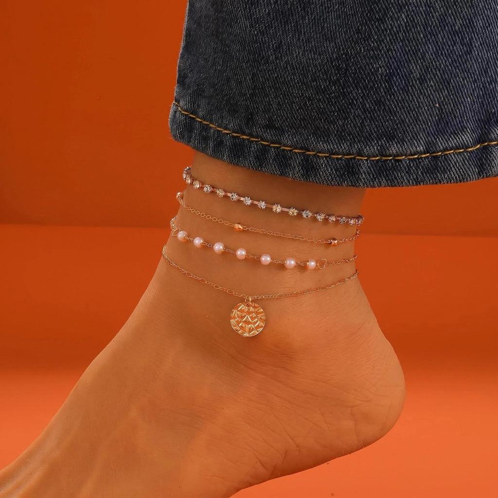 European & American Retro Letter Butterfly Pendant Multi-Layer Beach Anklet Set