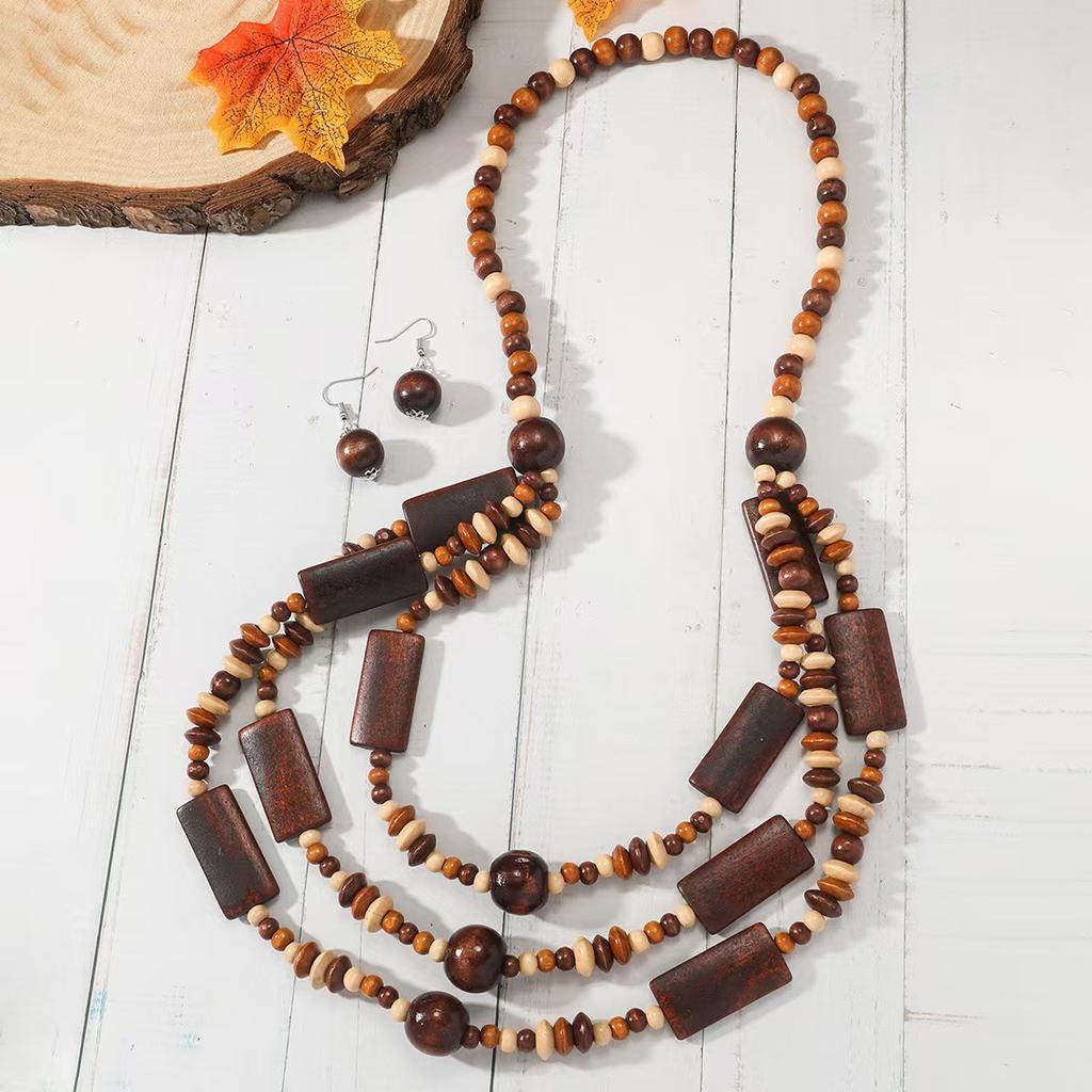 Ethnic Beaded Necklace Women Multi Layer Geometric Wooden Beads Boho Jewelry Premium Simple Versatile Fashion Accessories