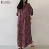 ZANZEA Women Floral Print Casual V-Neck 3/4 Sleeve Loose Long Dress