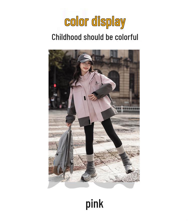 Girls' Fleece-Lined 3-in-1 Detachable Windbreaker Jacket, 2024 Autumn/Winter Style, Big Child Outdoor Thickened Coat.