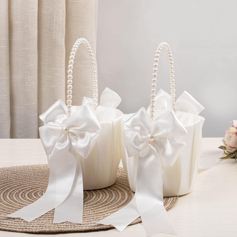 Flower Girl Baskets for Wedding,Ivory Flower Girl Basket With Pearl Handle ,Wedding Baskets for Flower Girls