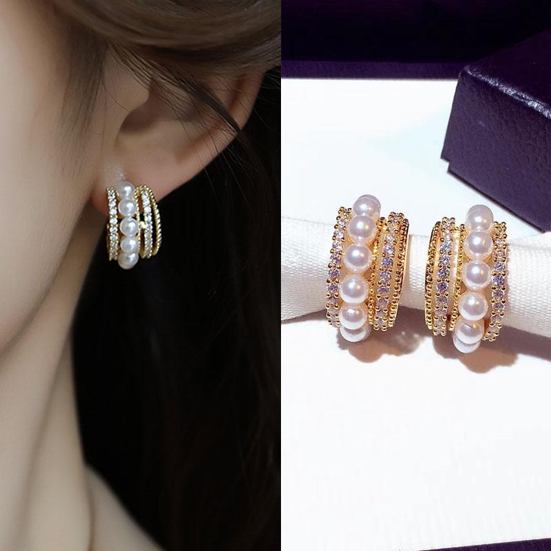 Multi-layers Pearl Women's Stud Earrings C-shaped Gold Color Metal Small Earrings Full Rhinestone Chic Lovely Ear Decor