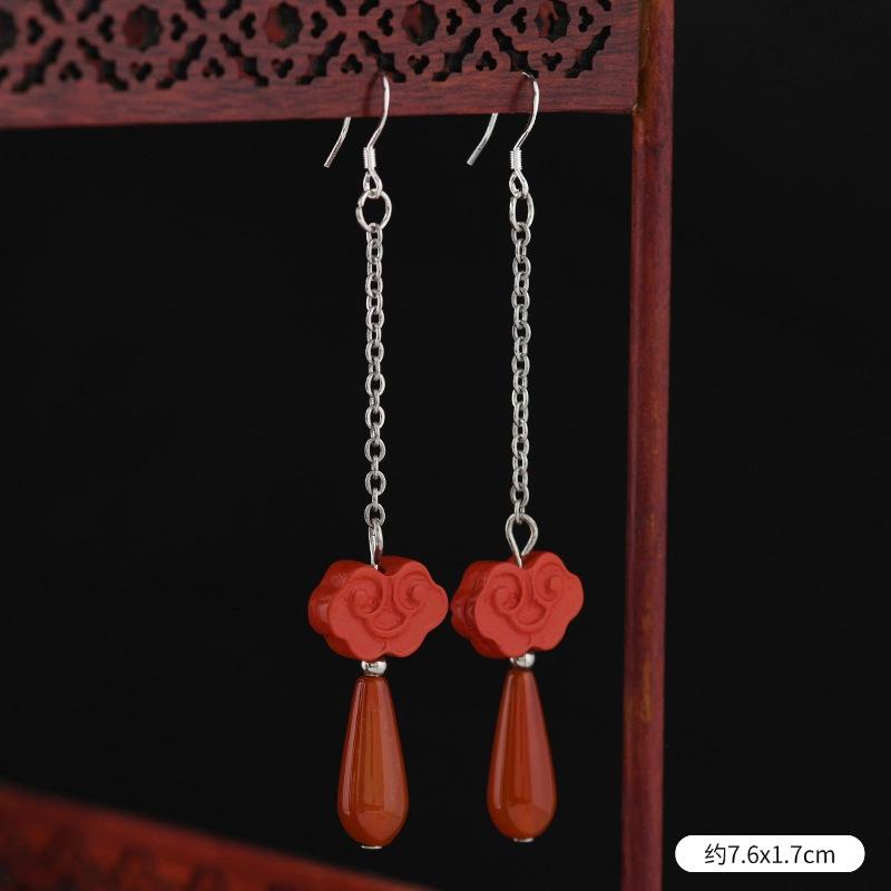 Original cinnabar earrings niche design retro long fringed earrings, natal red earrings for women