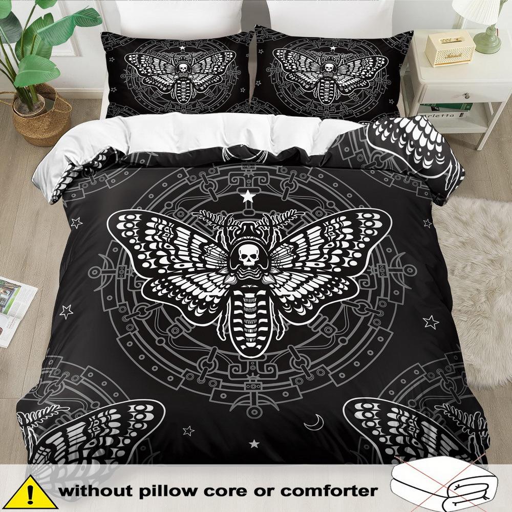 Moth-Themed Duvet Cover Set - 2/3pcs, Soft, Comfortable, and Breathable, Skull and Moth Pattern Printed Bedding, Insect Print Duvet Cover Se 250x220cm