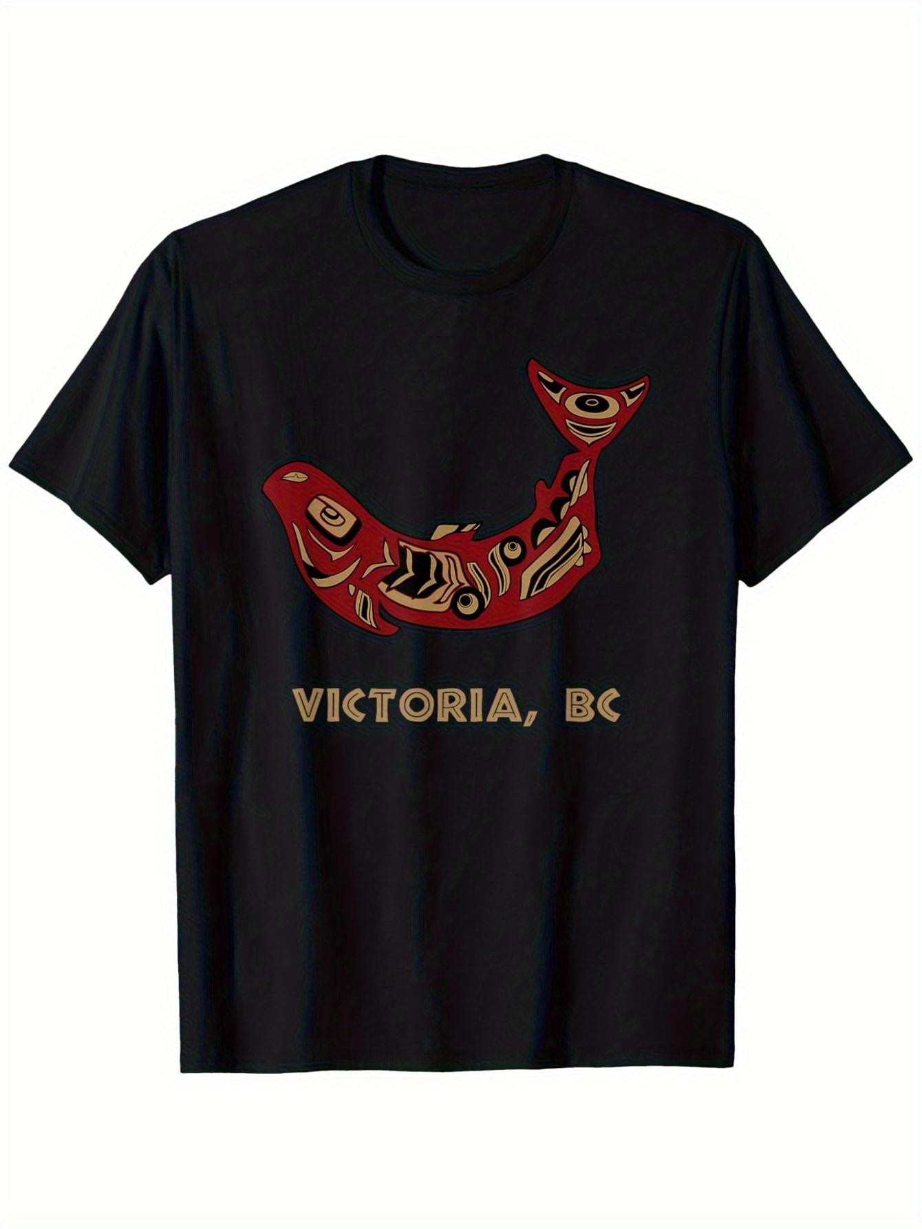 

Victoria BC Canada Native Fisherman Salmon Graphic T-shirt - 100% Cotton Slim Fit Unisex Streetwear Tee with Vibrant Red & Golden Artwork S