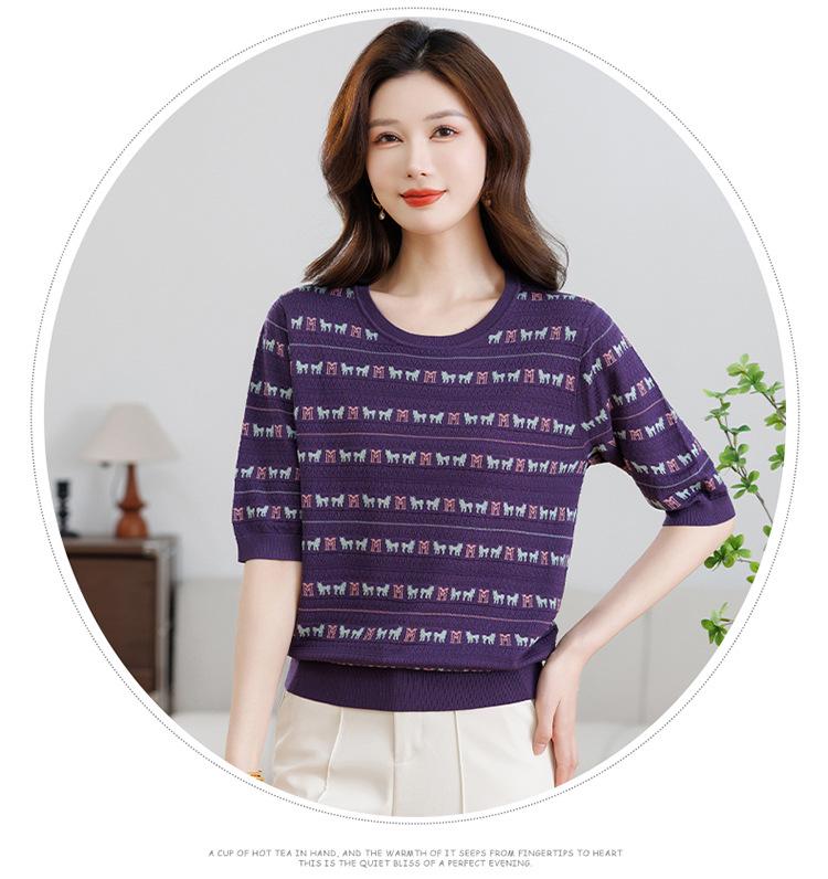 Seven-Sleeve Slimming Pullover for Middle-Aged and Elderly Mothers – Lightweight Knit Top for Spring and Summer