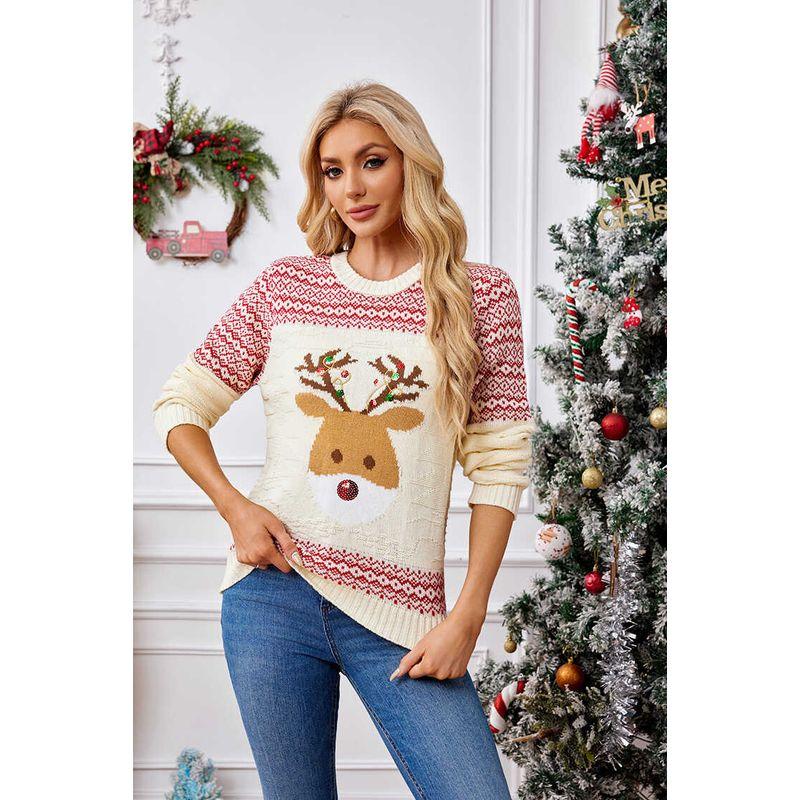 

2024 Pattern Sequin Embroidered Christmas Sweater Beige Christmas Sweater S