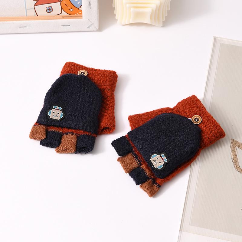 Fashion Children Flip Gloves 5-14Year Kids Half Finger Mittens Cycling Baby Winter Hand Warmer Boys Thicken Woolen Knitted Glove