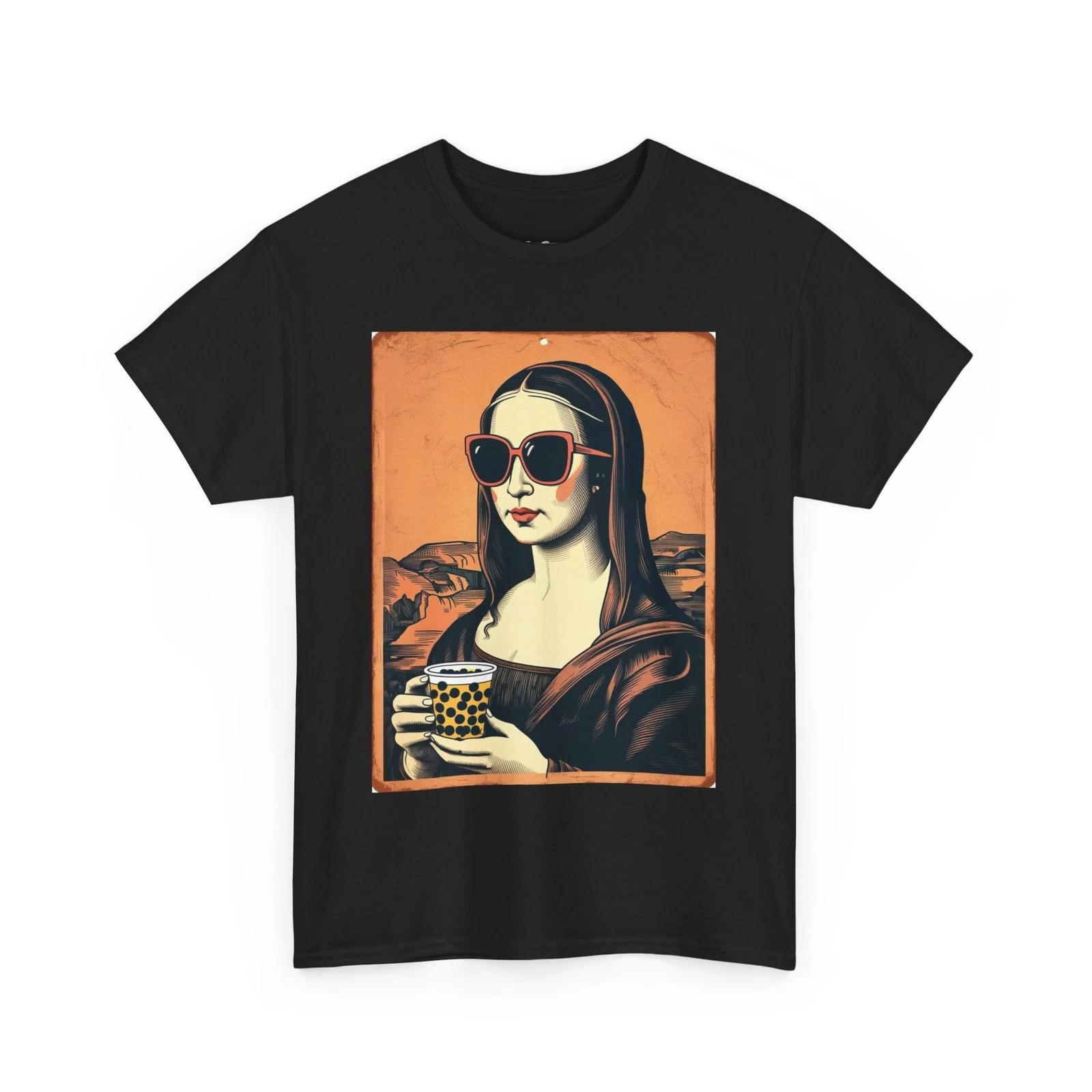 Mona Lisa Sunglasses Tee, Boba Coffee Shirt, Artistic Graphic T-shirt, Cultural L