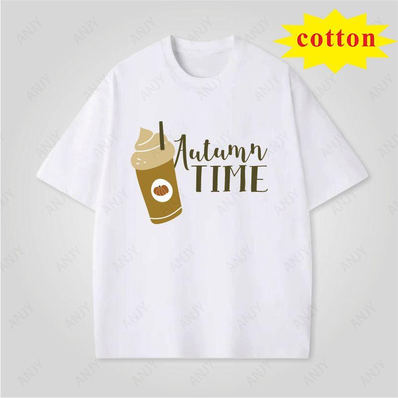 Autumn Time Coffee Cup Printed Tshirt Simple And Fresh Style Versatile Unisex Top
