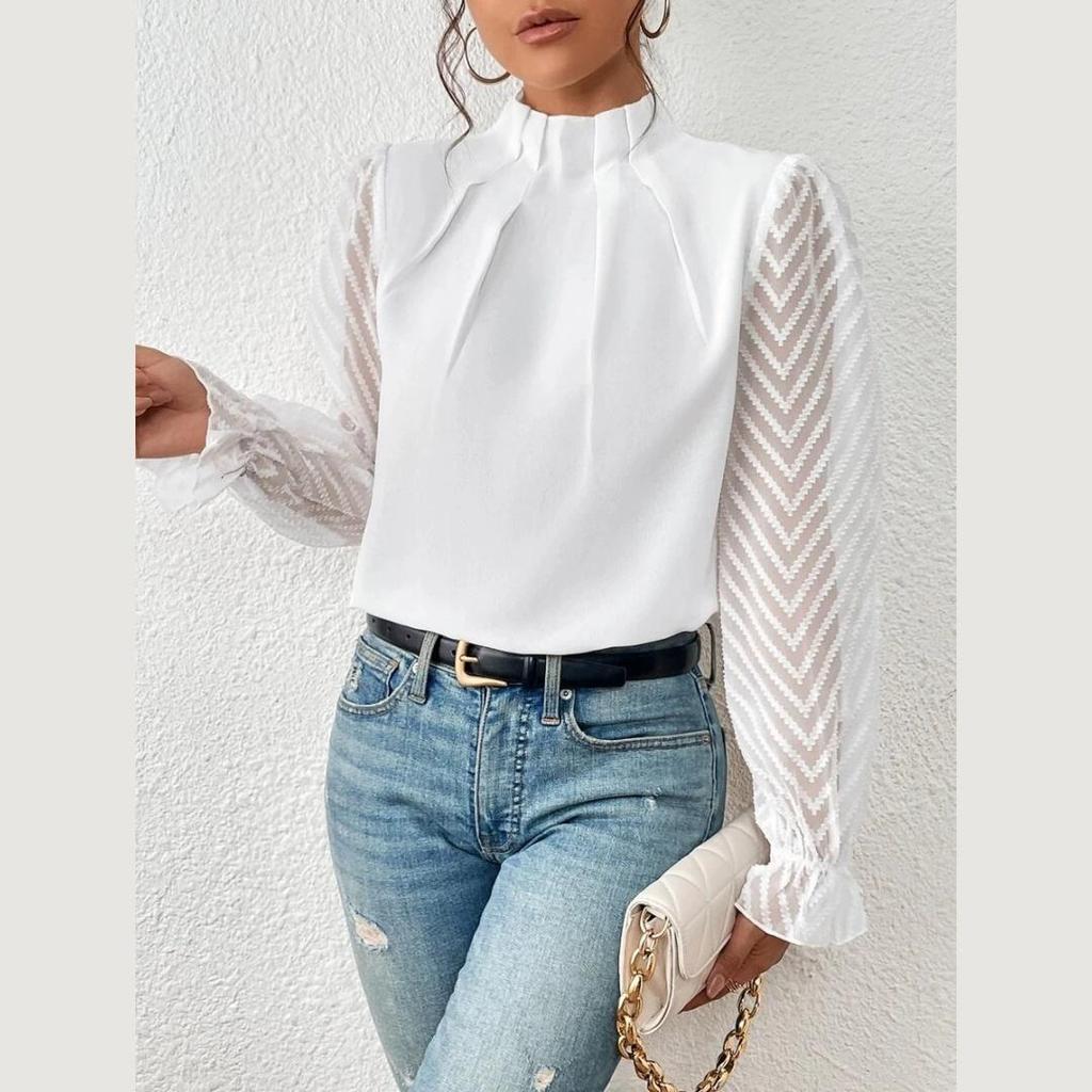 Damen Halbhoher Kragen Stitching Chiffon Spitze Langarm Oberteil
