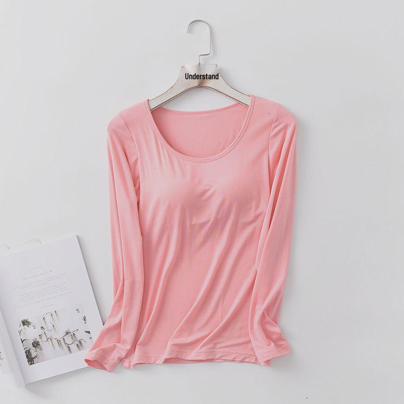 Damen Einfarbiges Langarm-Top mit eingebautem BH-Cup – Schlichter Herbst-/Winter-Stil